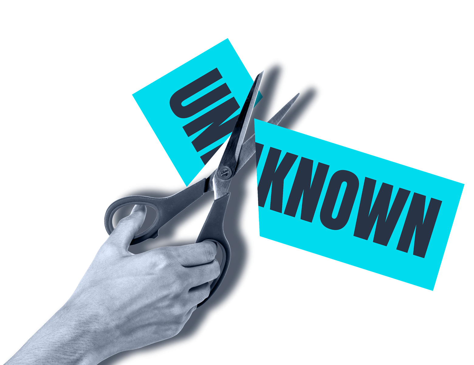 Hand cutting a blue card labeled unknown, representing greater certainty in credit risk assessment