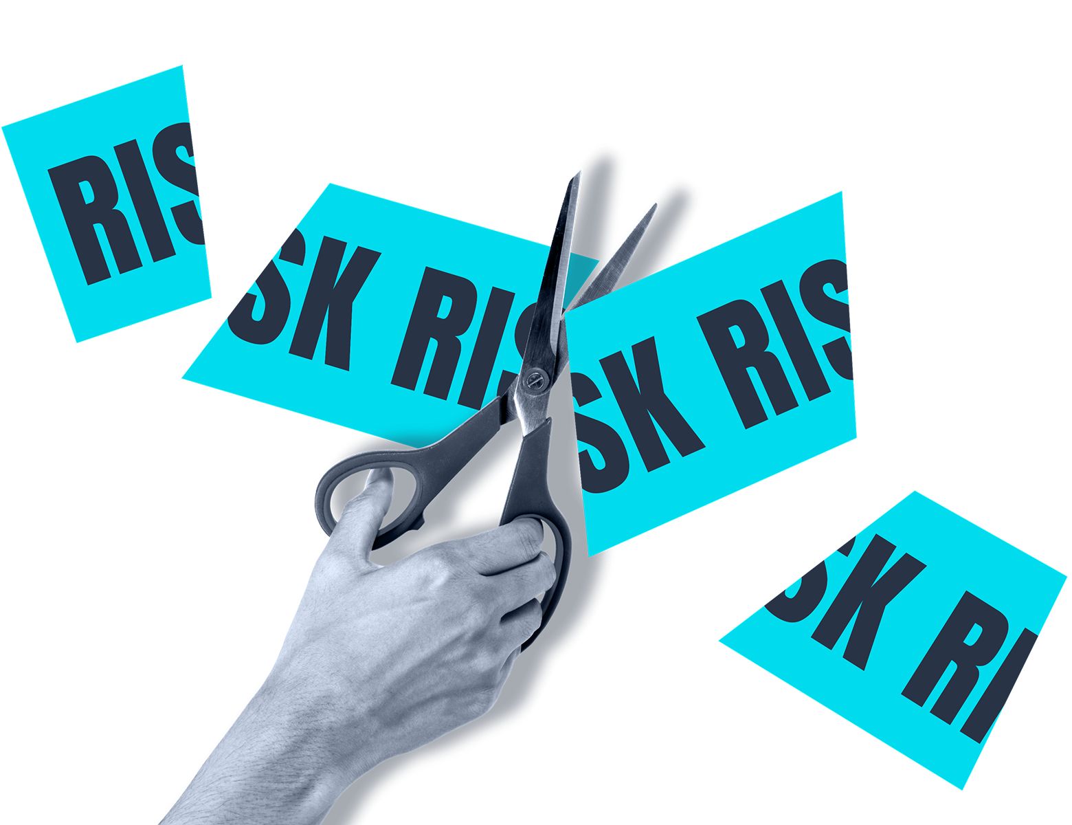 Hand using scissors to cut paper cards labeled risk, representing credit risk reduction